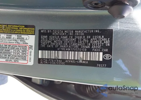 2007 Toyota Camry Le из США, поврежденный, VIN 4T1BE46K17U570159